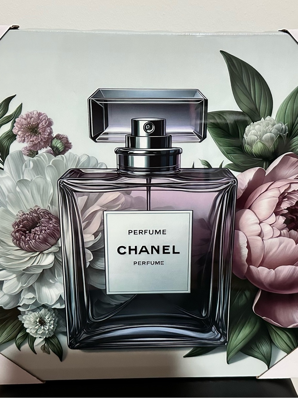 CHANEL Floral Perfume Bottle Print in Lavender and Pink